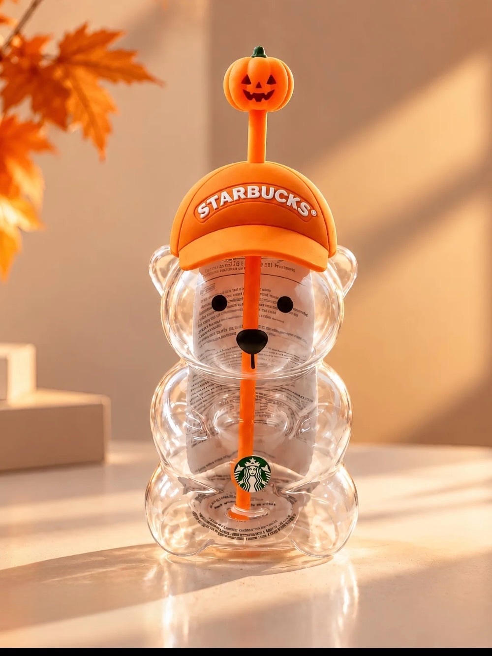 Starbucks Clear Bear Tumbler with Orange Pumpkin Cap and Straw